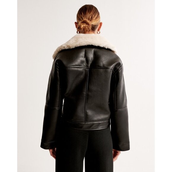 Abercrombie & Fitch Black Vegan Leather Jacket With White Faux Shearling Collar - Picture 8 of 13